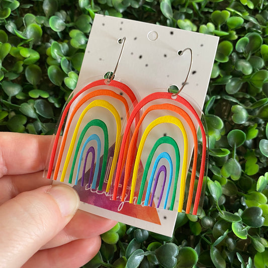 Rainbow Earrings. Fabulous Hand Painted Acrylic Rainbow Hoop Statement Earrings. The Perfect POP of Colour to Brighten any Day!