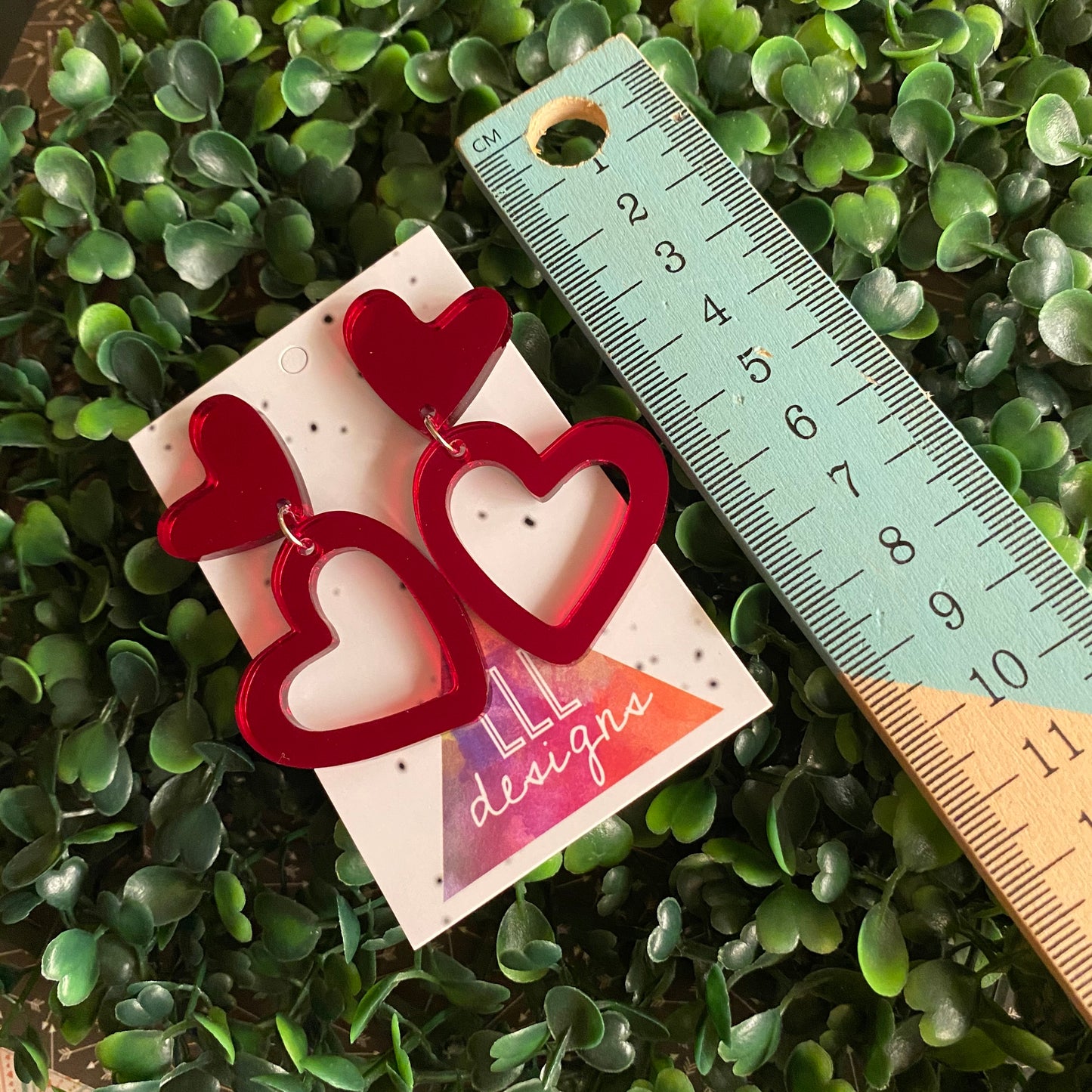 Love Heart - Double Red Mirror Love Heart Statement Dangle Earrings.