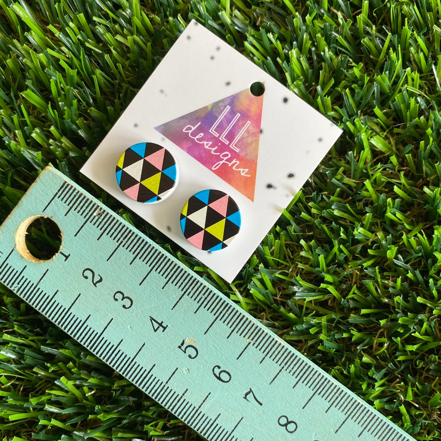 Multi-Coloured Pastel and Black Triangle Geo Printed Timber Stud Earrings.