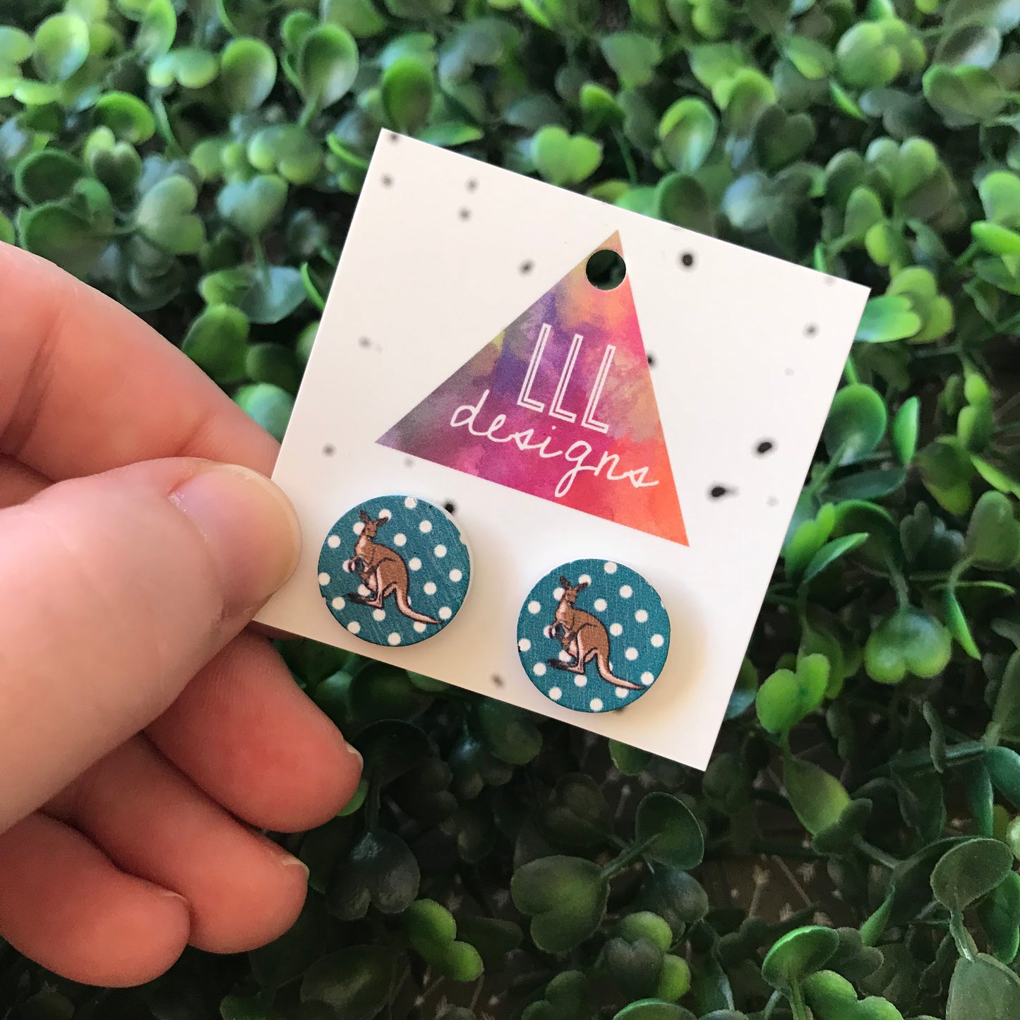 Cute and Quirky Kangaroo Printed Timber Stud Earrings.