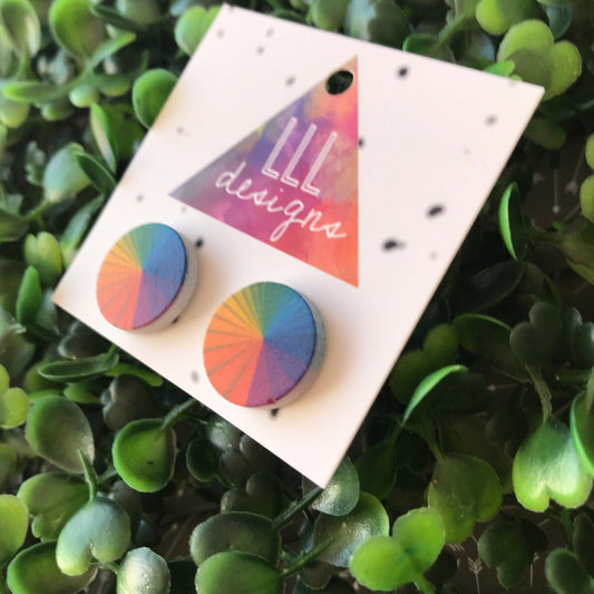 Rainbow Colour Wheel Printed Timber Stud Earrings.