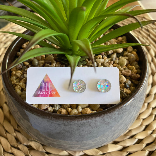 Circle Earrings. Holographic Silver Shatter Circle Stud Earrings.