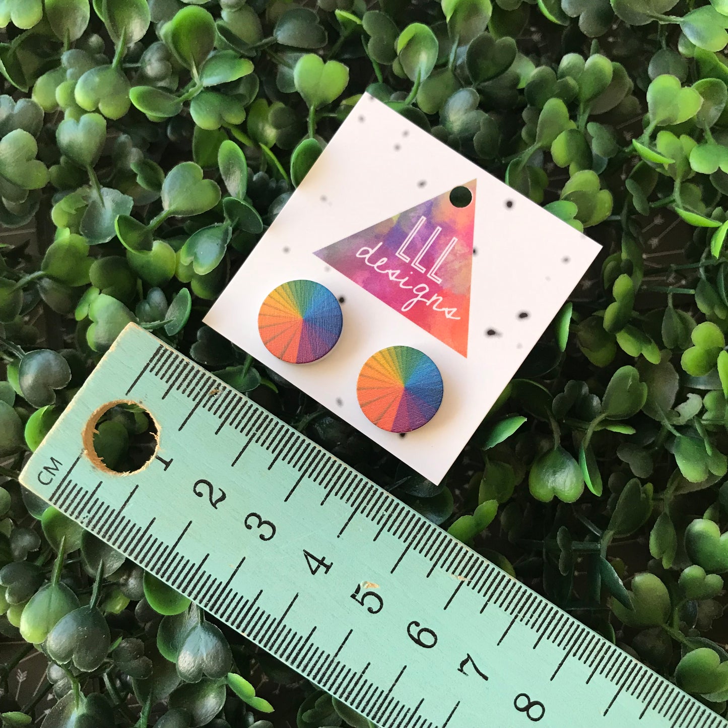 Rainbow Colour Wheel Printed Timber Stud Earrings.