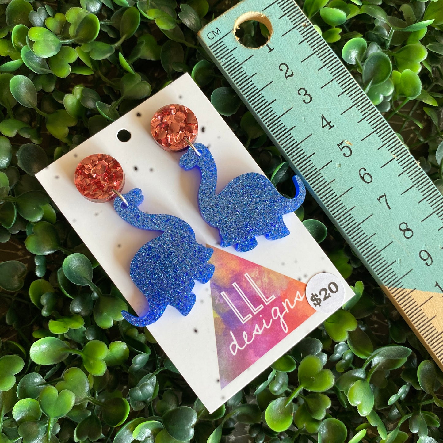 Dinosaour Earrings. Brontosaurus Glitter Blue Statement Dangle Statement Dangle Earrings with Dusty Rose Pink Tops.