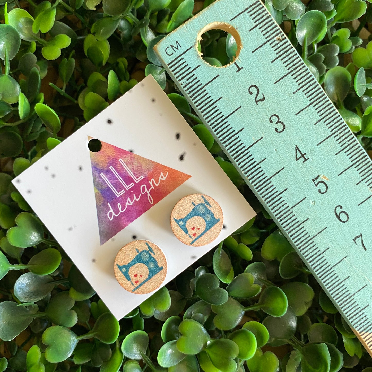 Sewing Machine Printed Timber Stud Earrings.