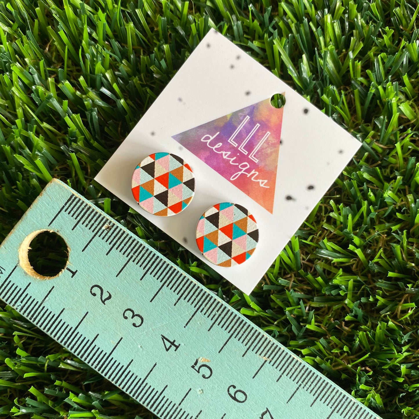 Multi-Coloured Triangle Printed Timber Stud Earrings.