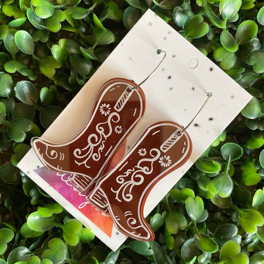 Cowboy Boot Earrings. Acrylic Cowboy Boot Statement Hoop Earrings. Featuring a Reversible Brown to Copper Glitter Piece.