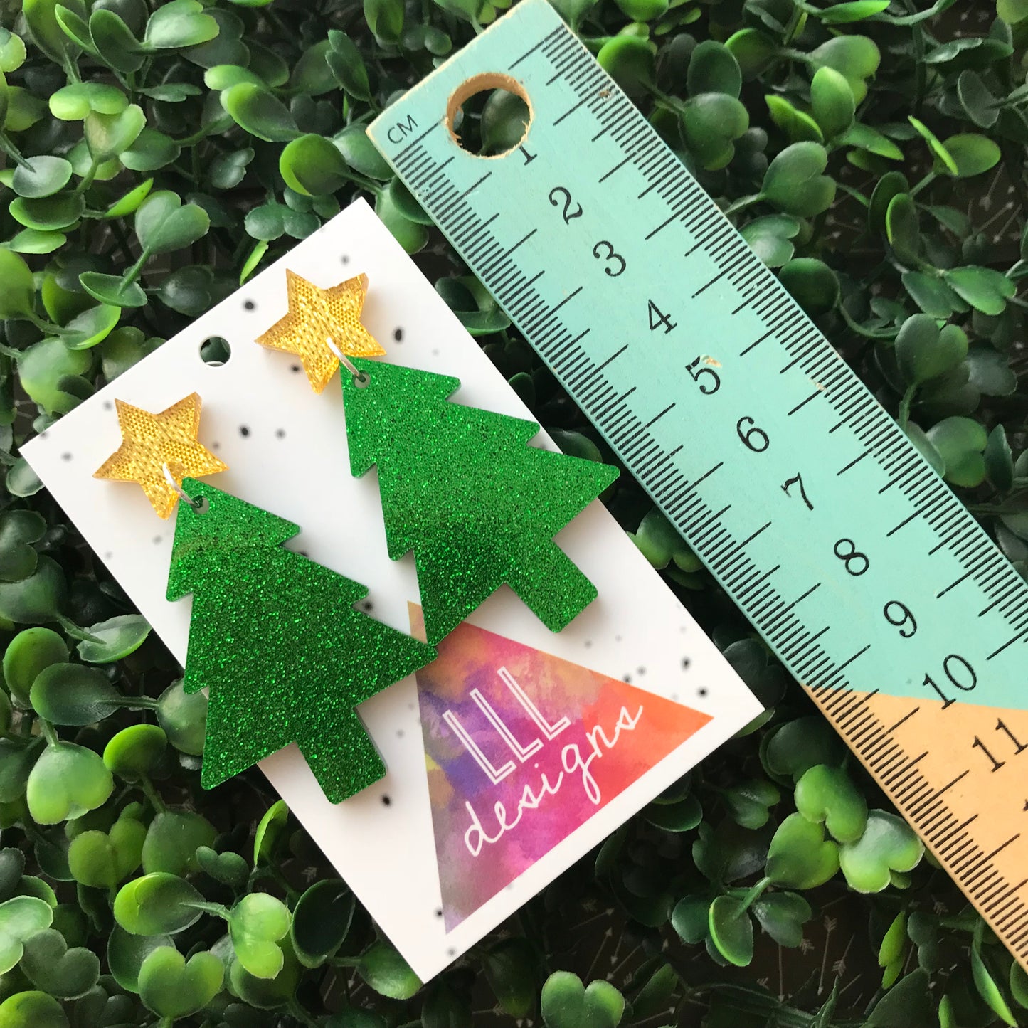 Glitter Green Christmas Tree Statement Dangle Earrings with Gold Star Topper (d/g)