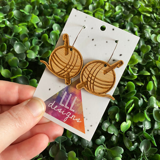 Crochet Earrings. Hooker Hoops. ;) Crochet Hook and Yarn Bamboo Earrings on 20mm Hoops.