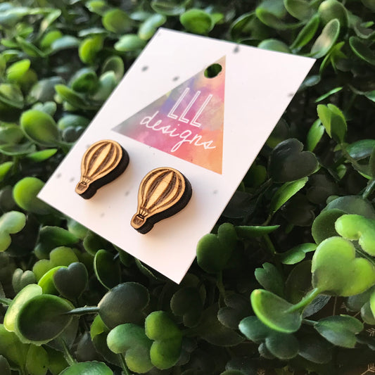 Laser Etched Timber Hot Air Balloon Stud Earrings.