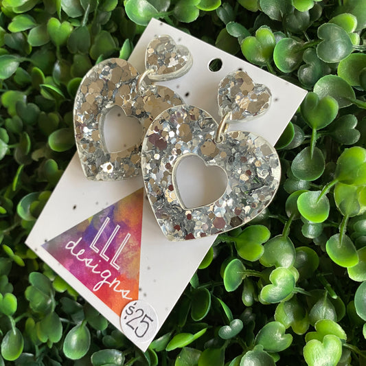 Silver Confetti Love Heart Dangle Earrings. All Kinds of Sparkle & Magical Love!