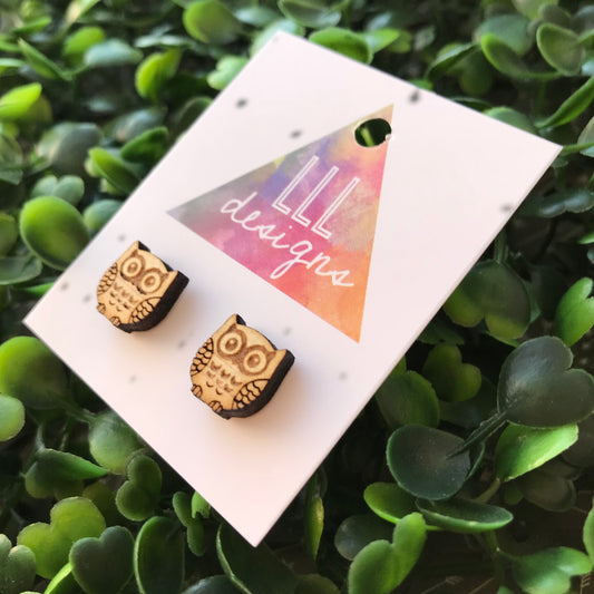 Super Cute Laser Etched Timber Owl Stud Earrings.