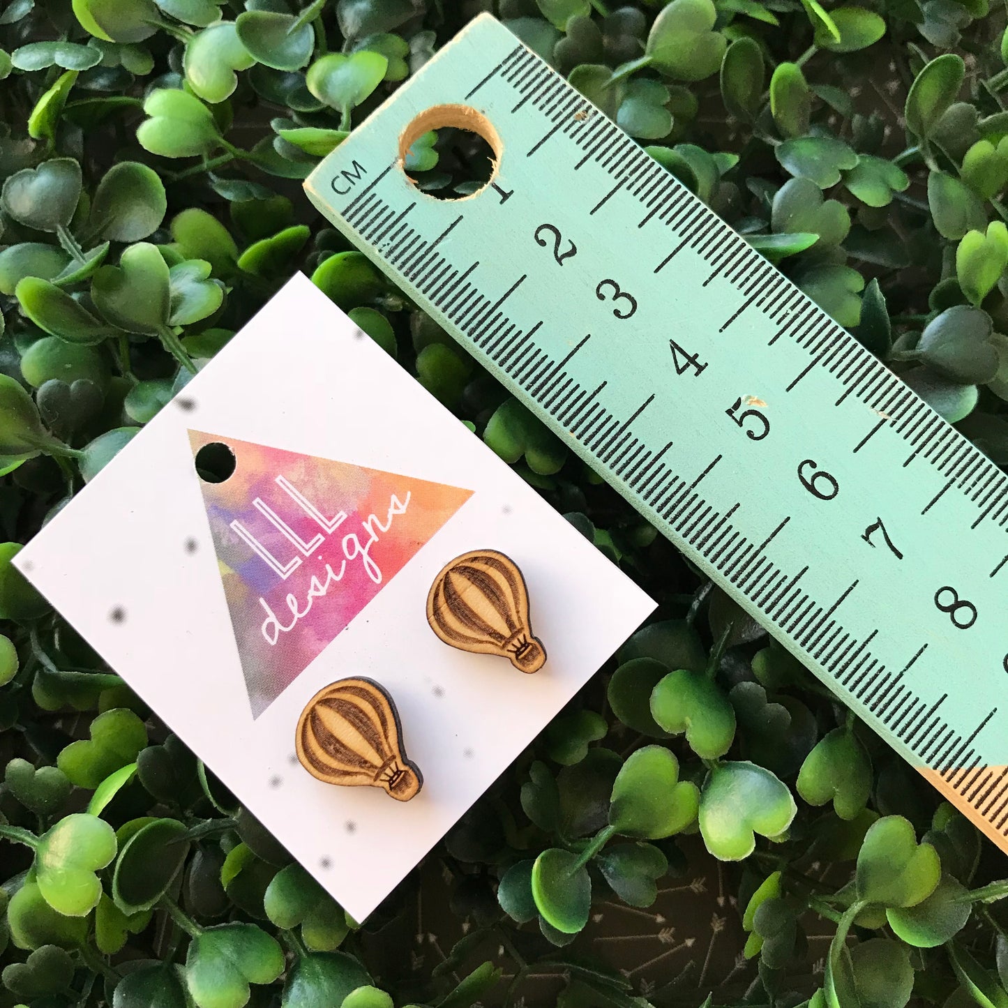 Laser Etched Timber Hot Air Balloon Stud Earrings.