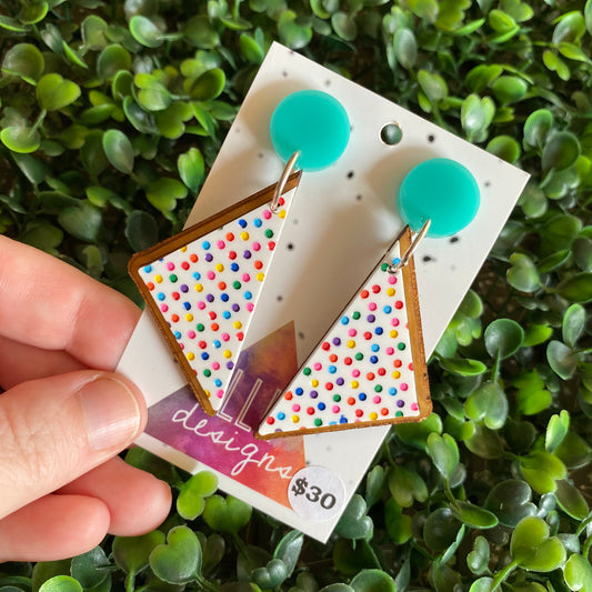 Fairy Bread Statement Dangle Earrings - Hand Painted Acrylic and Timber Earrings. With Mint Tops.