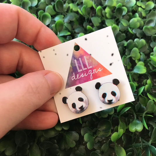 Printed Timber Panda Stud Earrings. Animal Earrings.