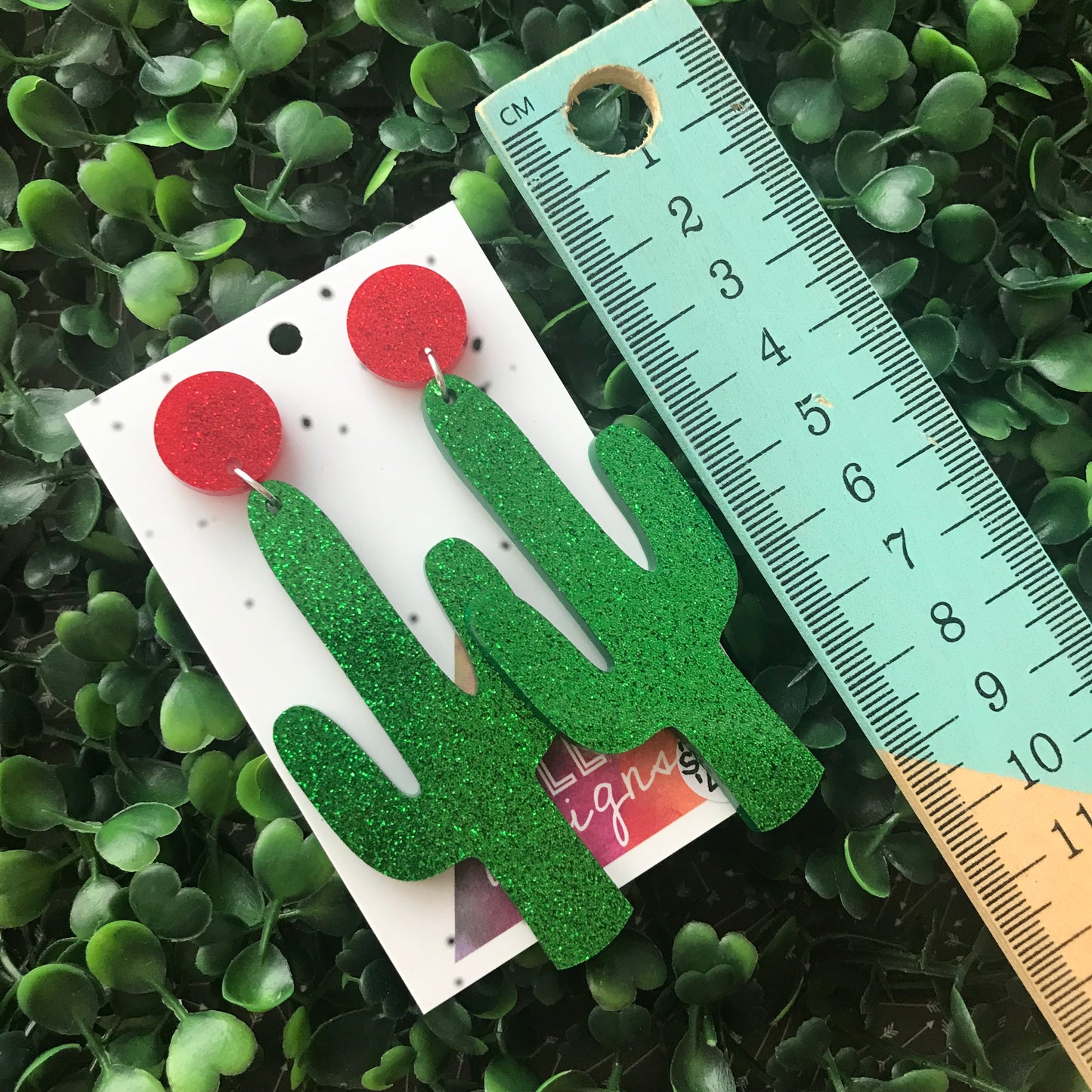 Glitzy Glitter Cactus Statment Dangle Earrings (Large)