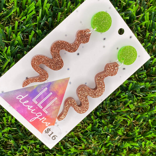 Glitter Copper Snake Dangle Earrings - Small Size