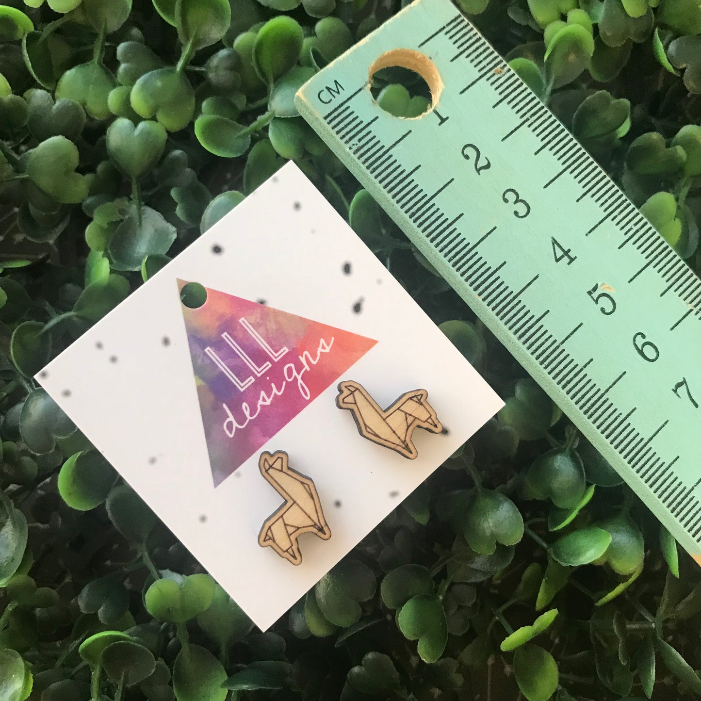 Laser Etched Timber Geometric Llama Stud Earrings.