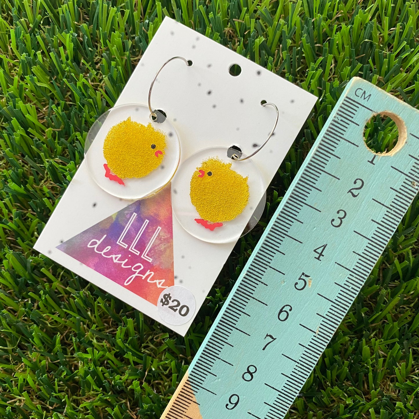 Easter Chicken Earrings - Hand Painted Chenille Easter Chicken Hoop Dangles.