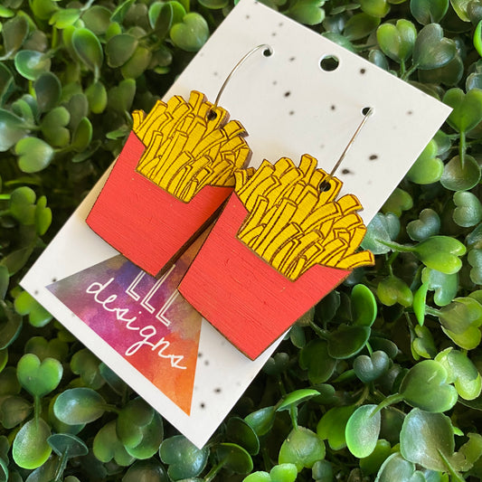 French Fry Earrings. Hand Painted Bamboo Iconic French Fry Dangle Hoop Earrings.