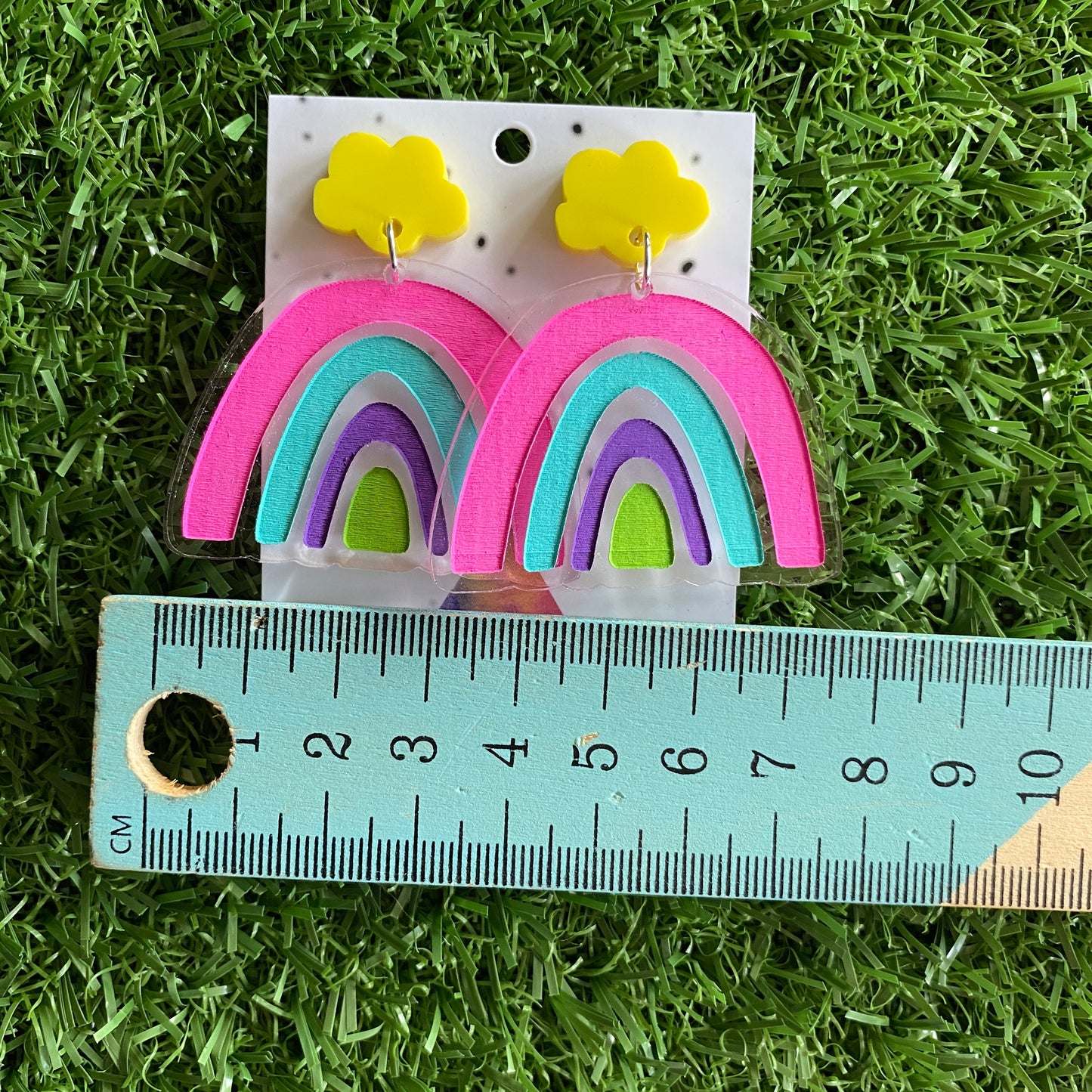 Rainbow Earrings. Quirky Colourful Hand Painted Clear Acrylic Rainbow Dangle Earrings with Fun Bright Yellow Cloud Tops to make them POP!