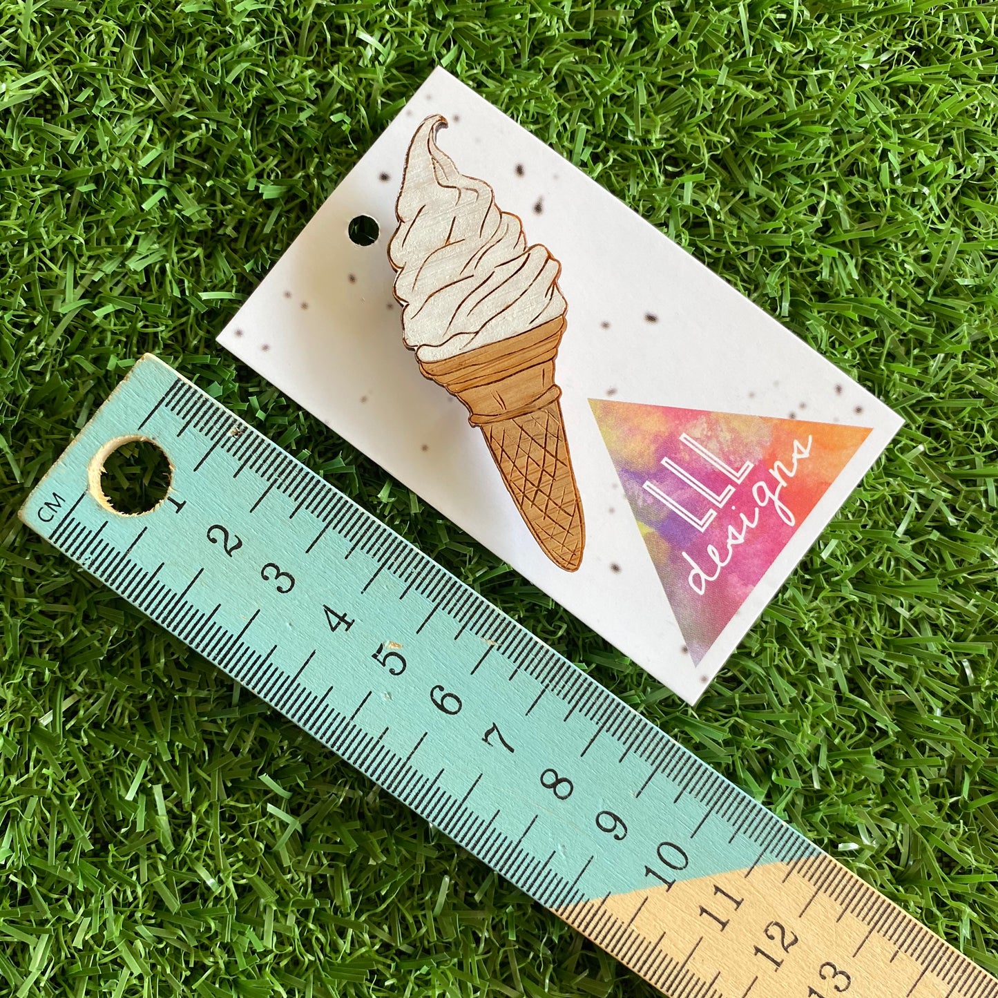 Ice Cream Brooch. Hand Painted Bamboo Soft Serve Ice Cream Brooch. A Mr Whippy Delight ;)