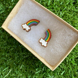 Rainbow Earrings. Itty Bitty Hand Painted Classic Rainbow and Cloud Bamboo Stud Earrings. (Classic Colour Way).