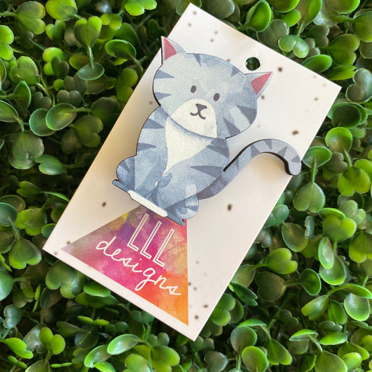 Cat Brooch. Super Cute Grey Printed Timber Kitty Cat Brooch.