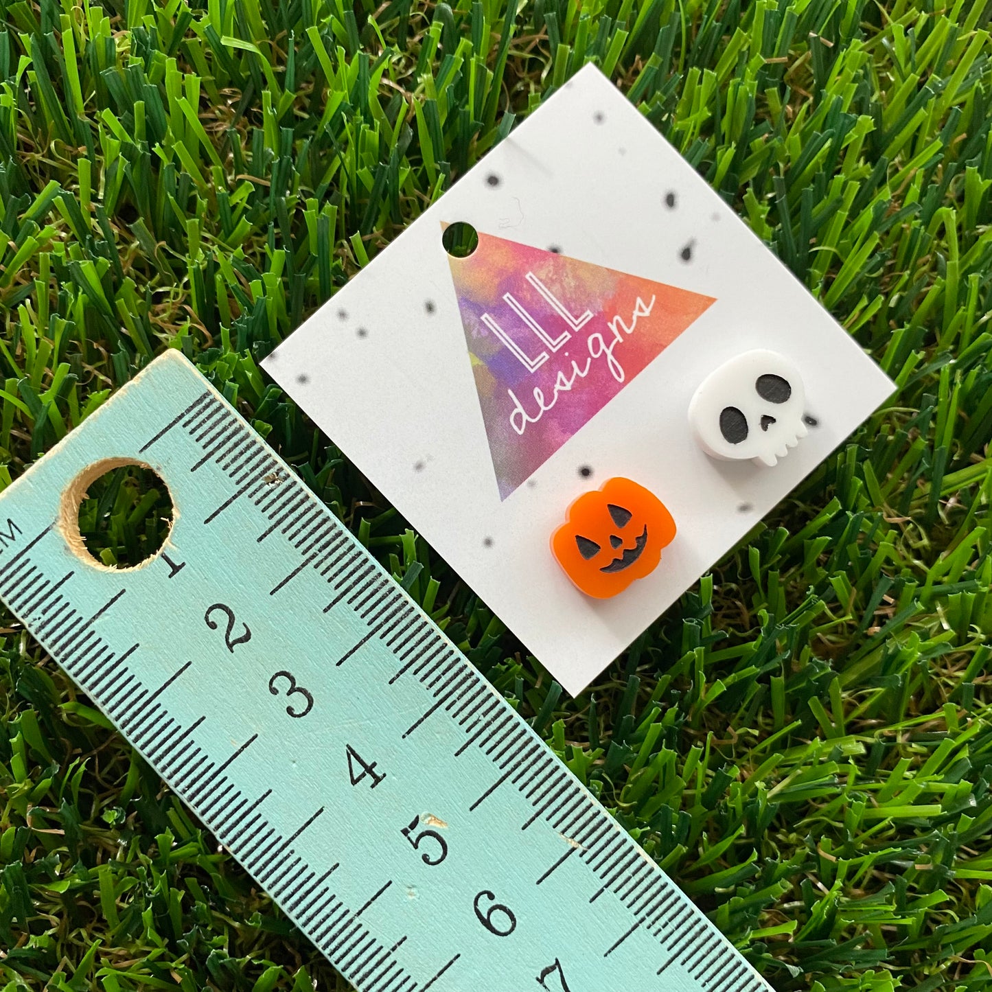 Hand Painted Pumpkin/Jack O Lantern with Skull Stud Earrings - Halloween Fun!
