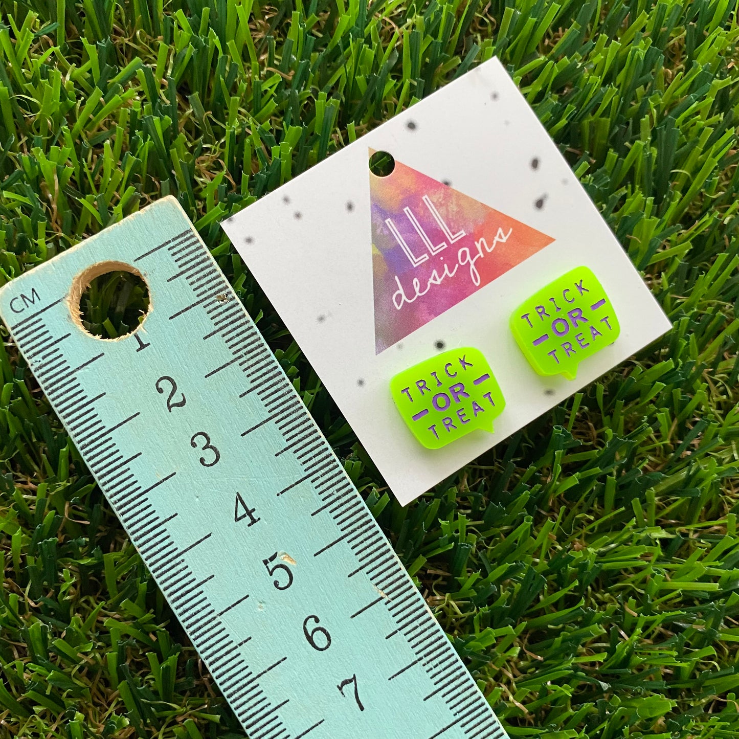 Hand Painted Trick or Treat Speech Bubble Stud Earrings - Neon Green with Fabulous Purple Writing.