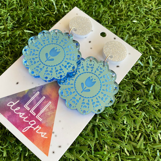 Doily Earrings - Soft and Delicate Baby Blue Doliy Design Dangle Earrings - Finished with Silver Glitter Tops.