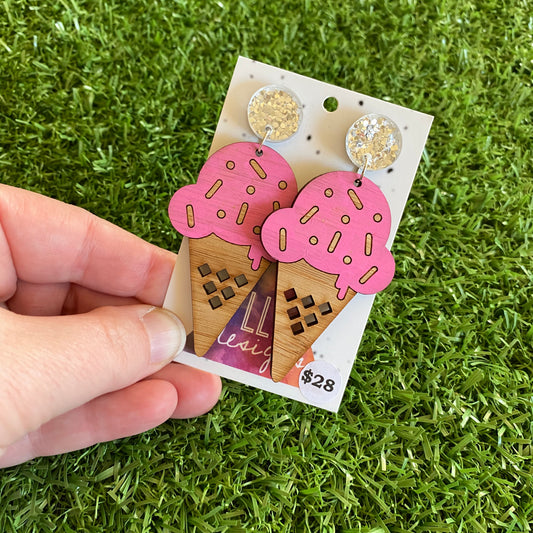 Ice Cream Earrings - Hand Painted Bamboo - Strawberry Ice Cream Cone Dangle Earrings. Finished with Mega Glitz Silver Tops to make them POP!