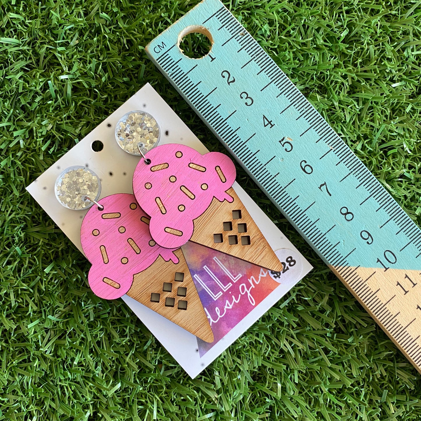 Ice Cream Earrings - Hand Painted Bamboo - Strawberry Ice Cream Cone Dangle Earrings. Finished with Mega Glitz Silver Tops to make them POP!