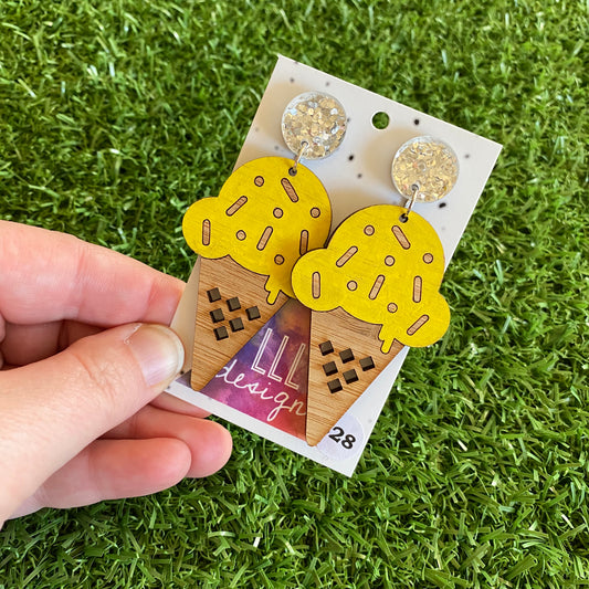 Ice Cream Earrings - Hand Painted Bamboo - Banana Ice Cream Cone Dangle Earrings. Finished with Mega Glitz Silver Tops to make them POP!