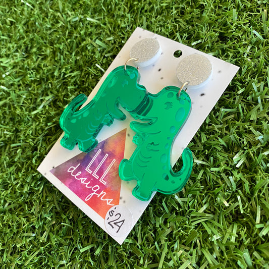 Trex Dino Earrings - Mirror Green Cartoon Trex Dino Dangle Earrings - These guys are so HAPPY and FUN - Sure to bring a SMILE :) to your dial!