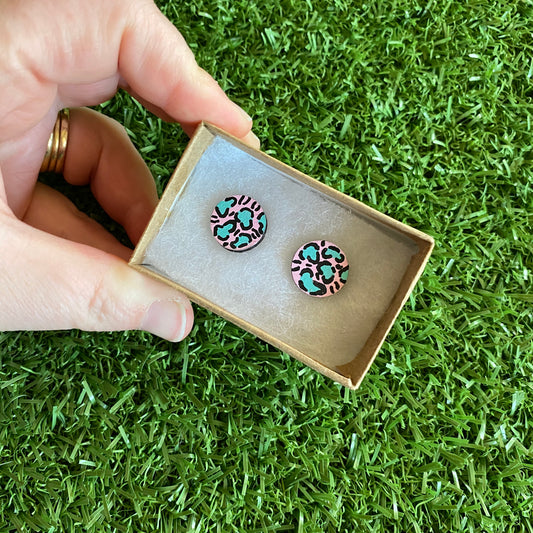 Mint Leopard Print Stud Earrings - Hand Painted Light Pink and Mint Leopard Print Earrings - Bamboo Studs - One of a Kind.