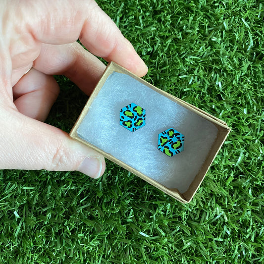 Green Leopard Print Stud Earrings - Hand Painted Sky Blue and Lime Green Leopard Print Earrings - Bamboo Hexagon Studs - One of a Kind.