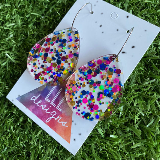 Stunning Clear Tear Drops featuring Polka Dot Confetti Scattered Throughout. Creating a beautiful visual effect. (Blue/Pink/Gold).