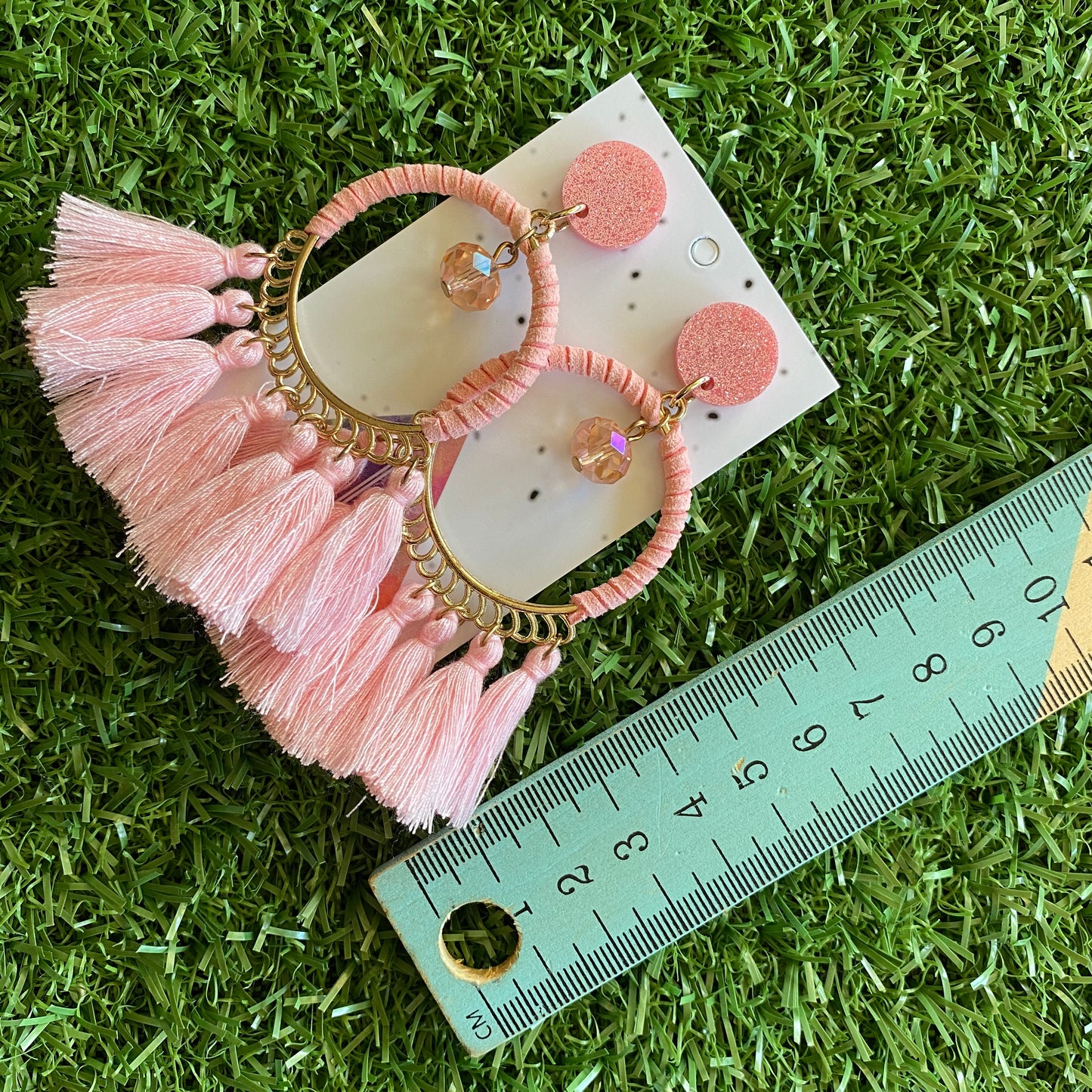 Pink Tassel Dangle Earrings - Stunning Pale Pink Tassel Hoop Drop Earrings featuring a beaded droplet - finished with Pale Pink Glitter Tops.