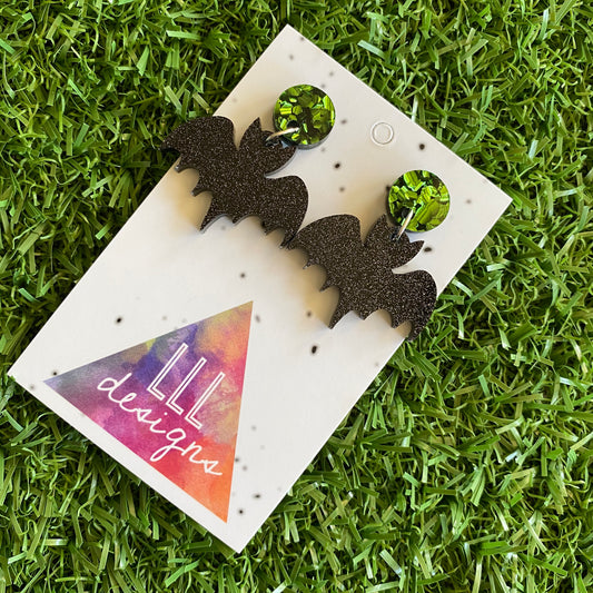 Bat Earrings - Glitter Black Acrylic Bat Earrings (Small Size) - Featuring Green Foil Tops to make them POP!