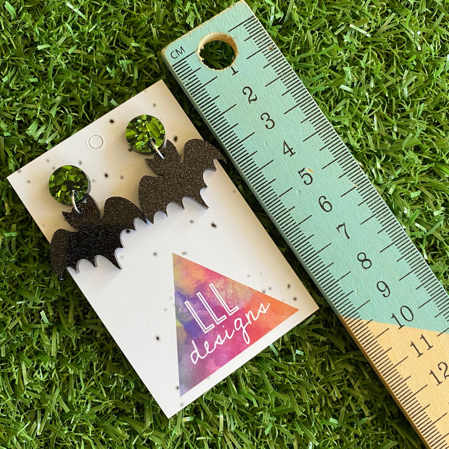 Bat Earrings - Glitter Black Acrylic Bat Earrings (Small Size) - Featuring Green Foil Tops to make them POP!