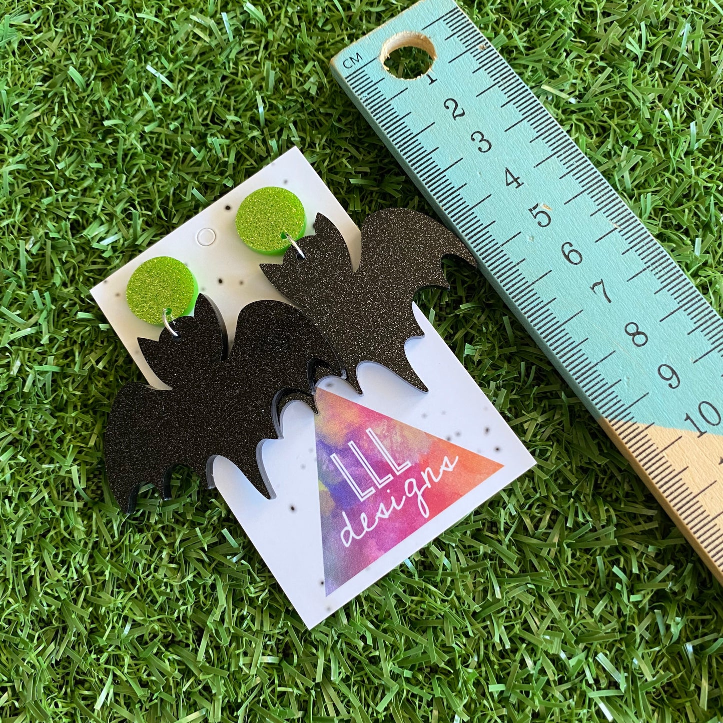 Bat Earrings - Glitter Black Acrylic Bat Earrings (Large Size) - Featuring Green Glitter Tops to make them POP!