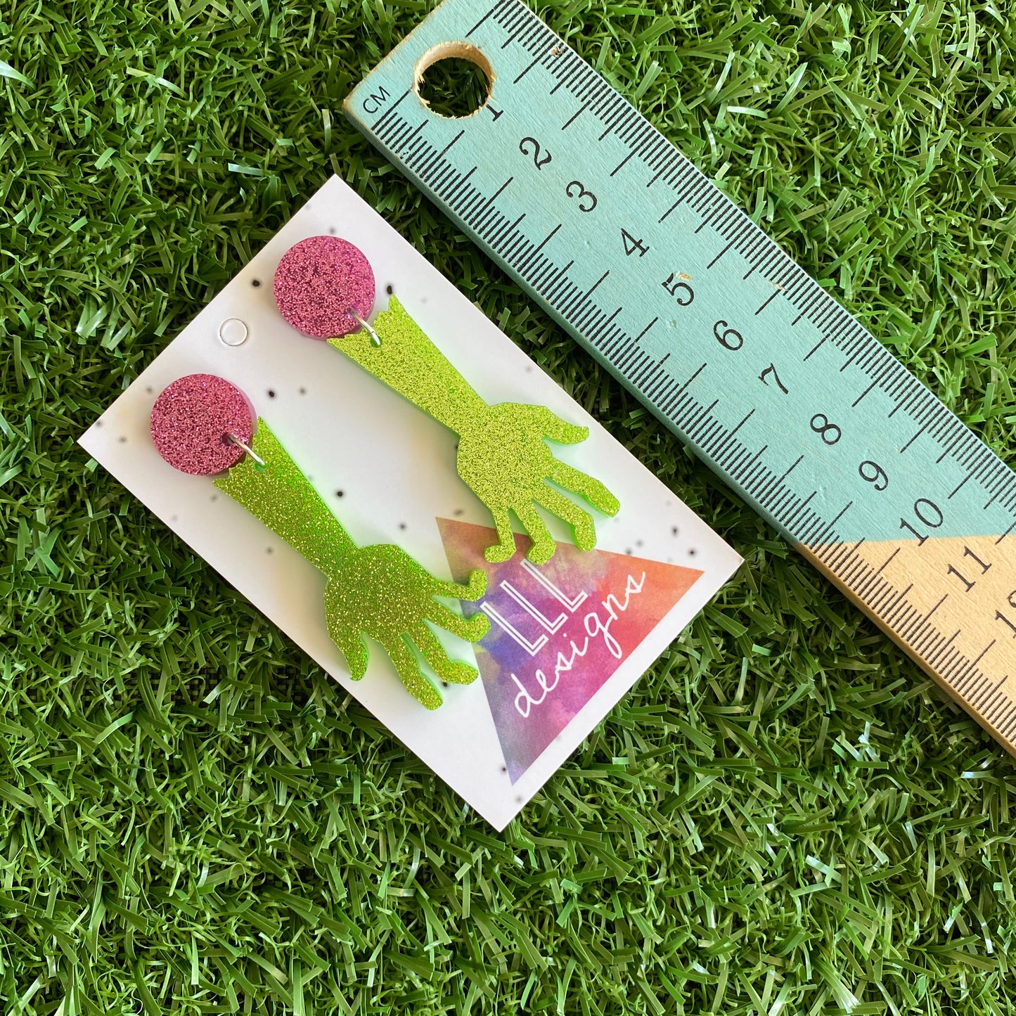 Zombie Earrings - Glitter Green Zombie Arm Statement Dangle Earrings - Featuring Dark Pink Glitter Tops to make them POP!!!
