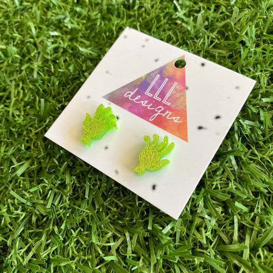 Zombie Earrings - Glitter Green Acrylic Zombie Hand Stud Earrings.