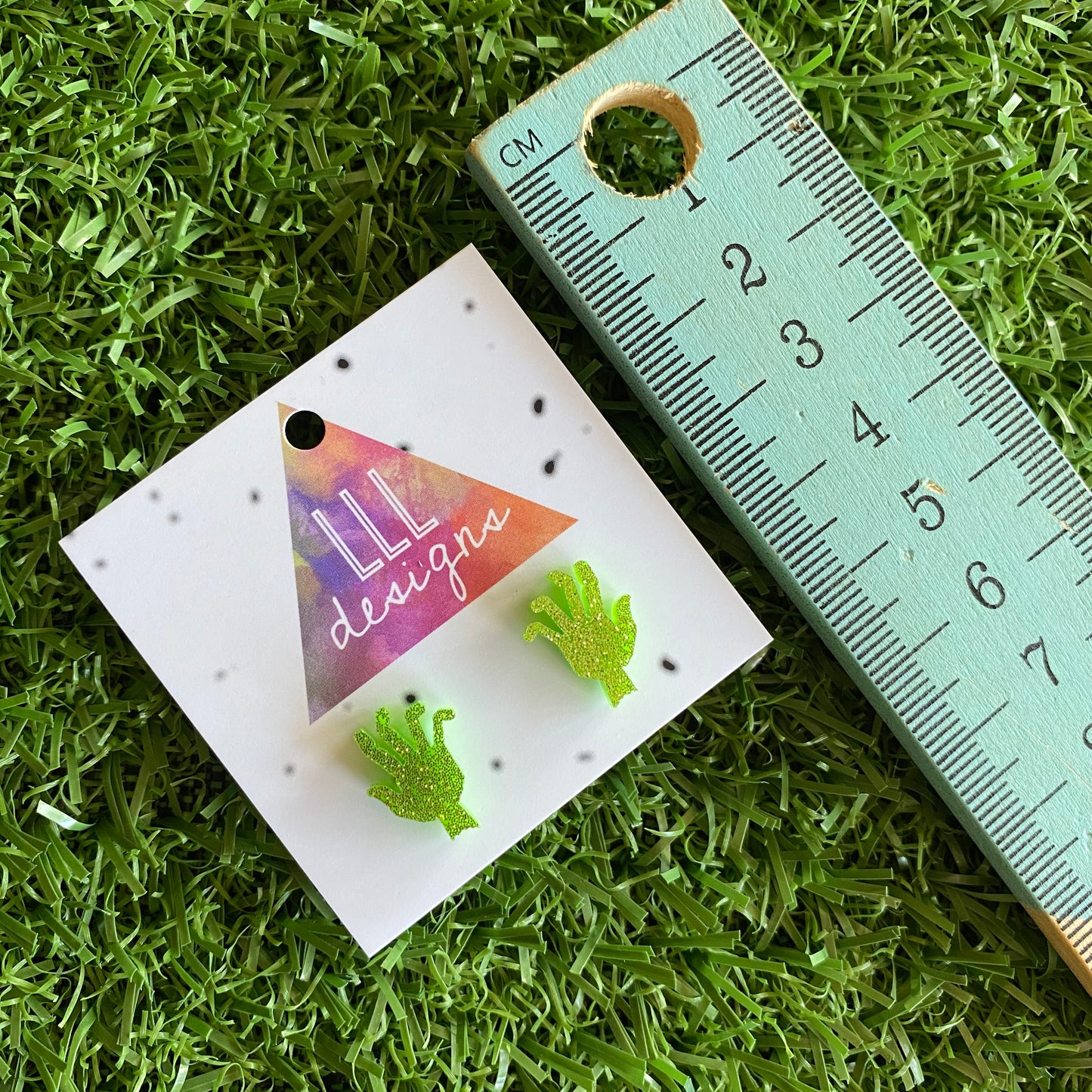 Zombie Earrings - Glitter Green Acrylic Zombie Hand Stud Earrings.