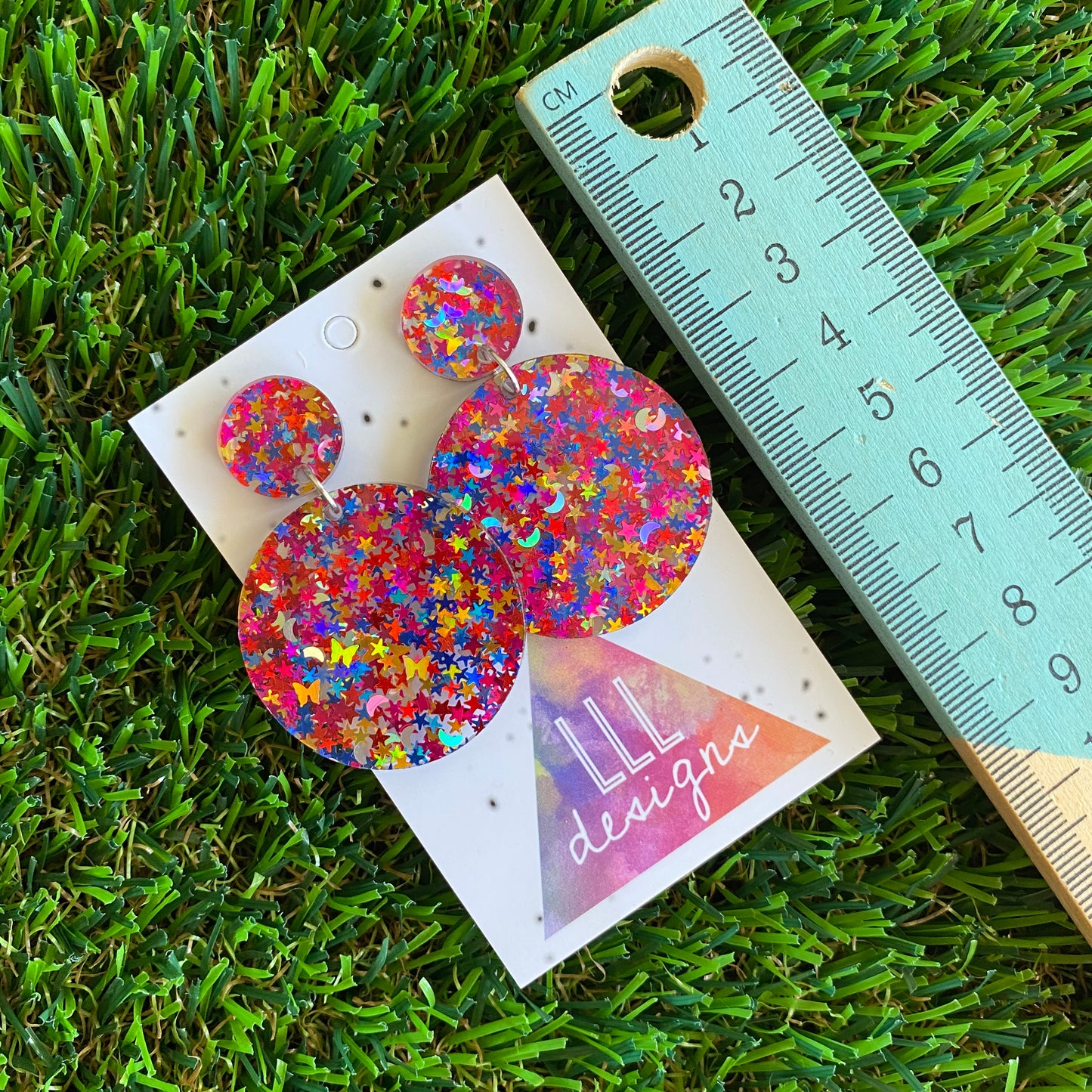 Star and Moon Confetti Earrings - Multi Coloured Star and Moon Confetti Circle Dangle Earrings - A Celestial Dream :)