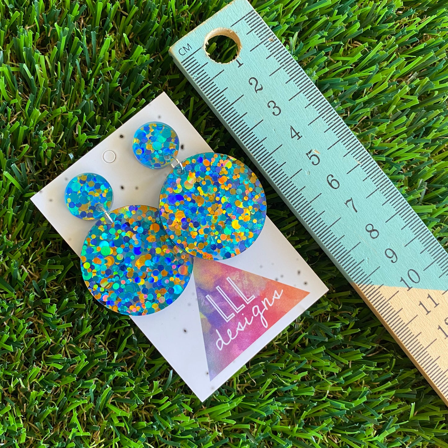 Polka Dot Confetti Earrings - Gold Aqua and Blue Metallic Polka Dot Confetti Circle Dangle Earrings - So much shine and sparkle!