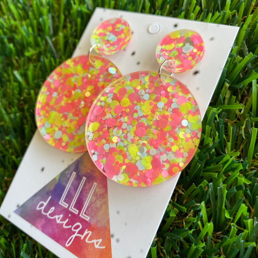 Polka Dot Confetti Earrings - Pastel Polka Dot Confetti Circle Dangle Earrings - Featuring Pinks Whites and Pops of Yellow!