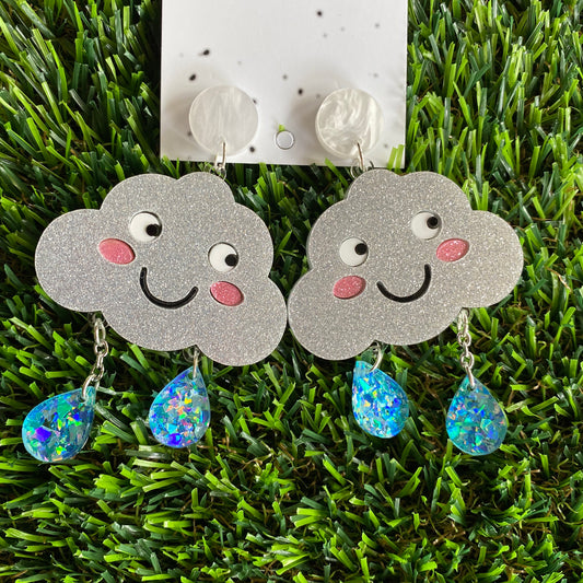 Cloud Earrings - Silver Glitter Happy Rain Cloud Statement Dangle Earrings - Featuring Iridescent Blue Rain Drops that hang from below.