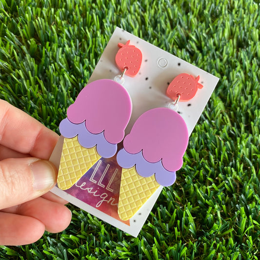 Ice Cream Earrings - Matte Pastel Layered Ice Cream Statement Dangle Earrings - Featuring an Adorable Etched Strawberry Top.
